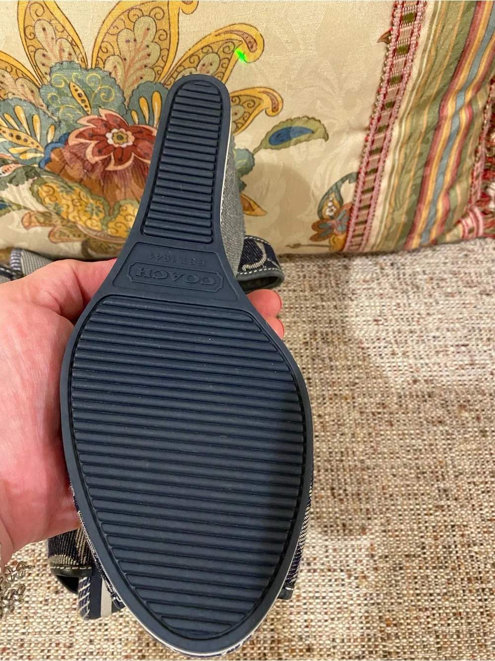 Coach Navy Denim Signature Wedge Sandals with Ankle Strap